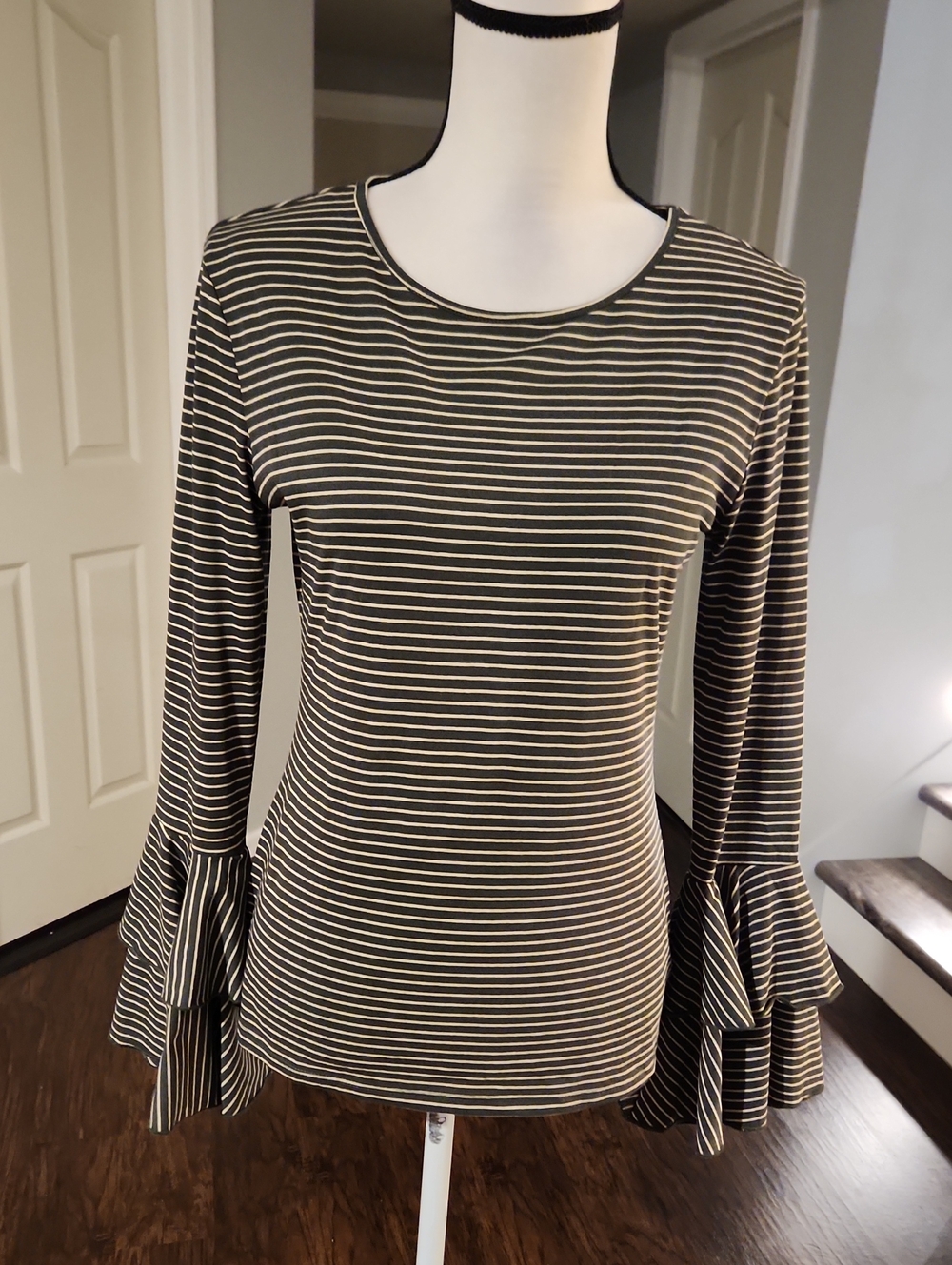 Andthewhy Green Striped Double Ruffle Bell Flare Sleeve Top